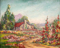 Cabin with Hollyhocks